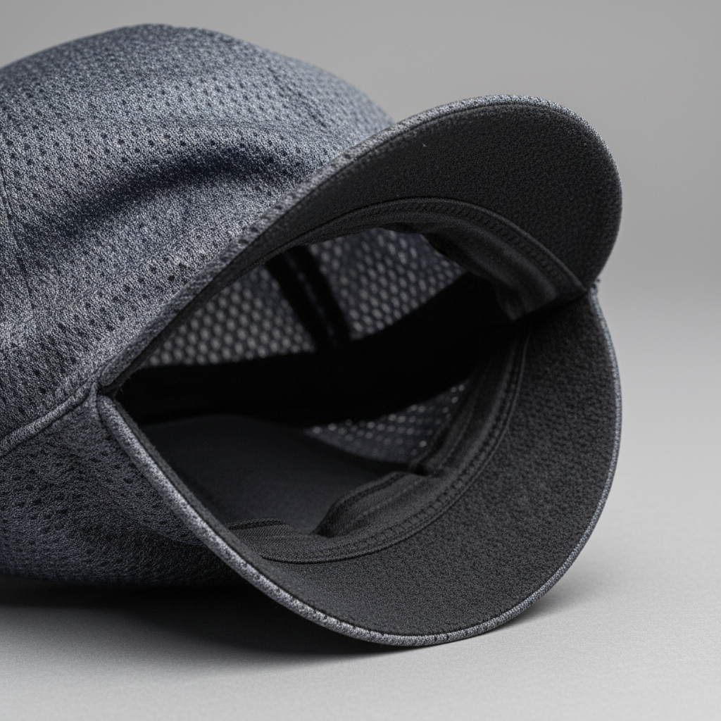 Close-up of breathable UPF fabric and sweatband on cycling cap