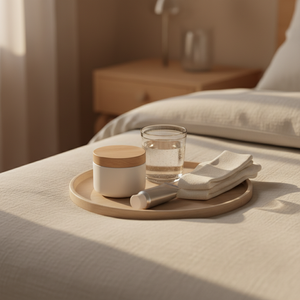 Nighttime body moisturizing routine with cream and ointment on a bedside tray