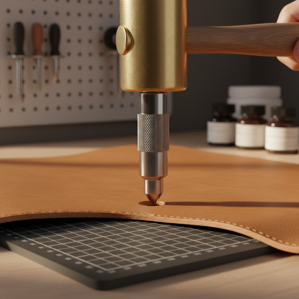 Close-up of a drive punch cutting a clean round hole in thick vegetable tanned leather on a cutting pad