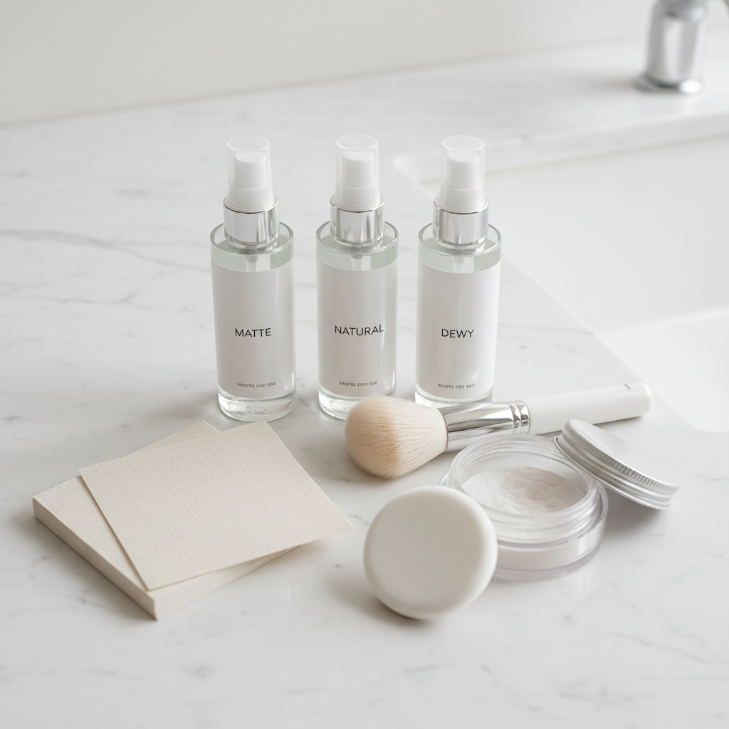 Makeup setting spray choices for oily vs dry skin on vanity