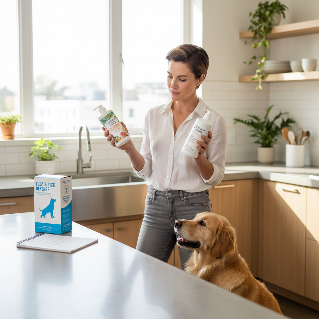Dog owner reviewing pet shampoo and flea prevention products to avoid common mistakes