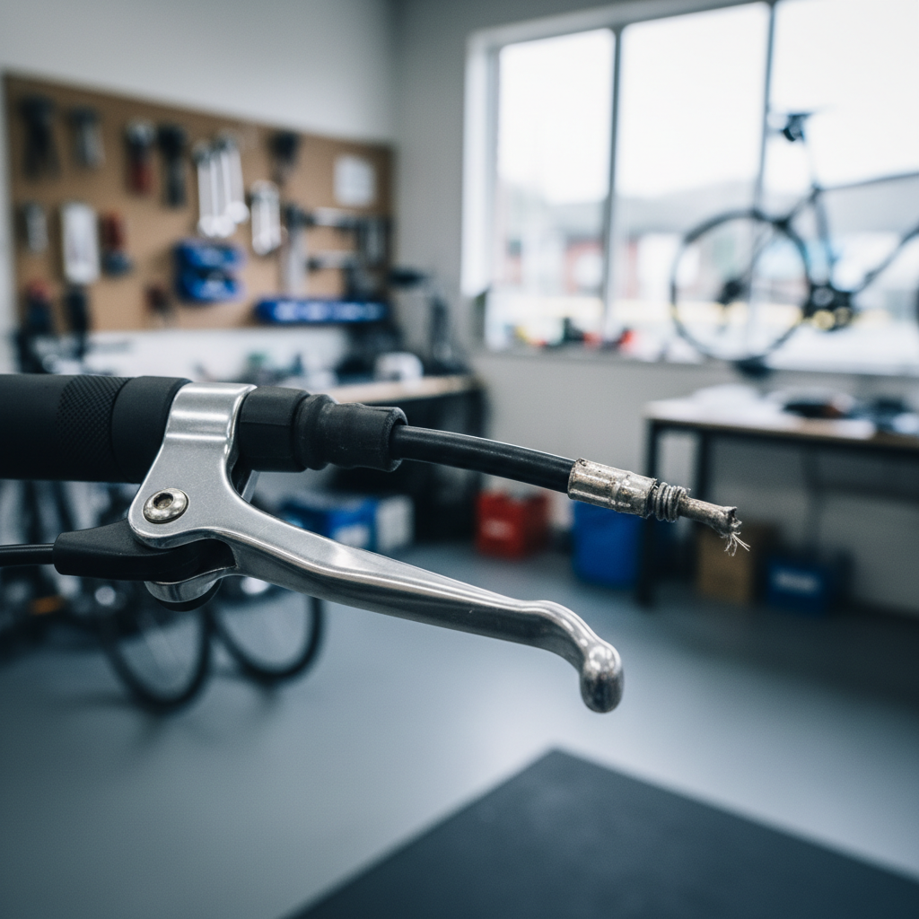 Close-up of bicycle brake lever and cable housing showing wear and fraying