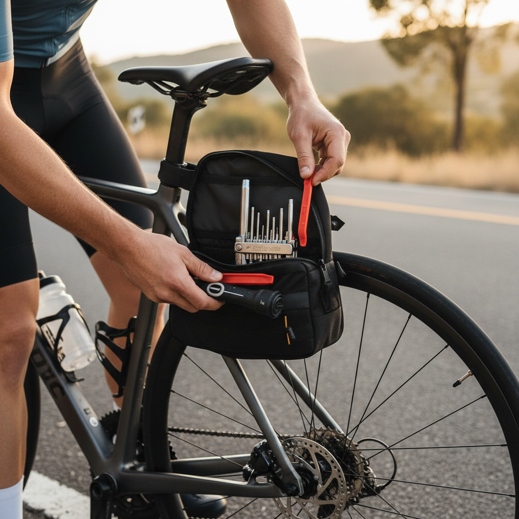 Cyclist opening a saddle bag roadside to access a multi-tool and tube