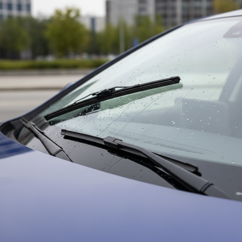 Close-up of windshield wipers cleaning a clear windshield with no streaks