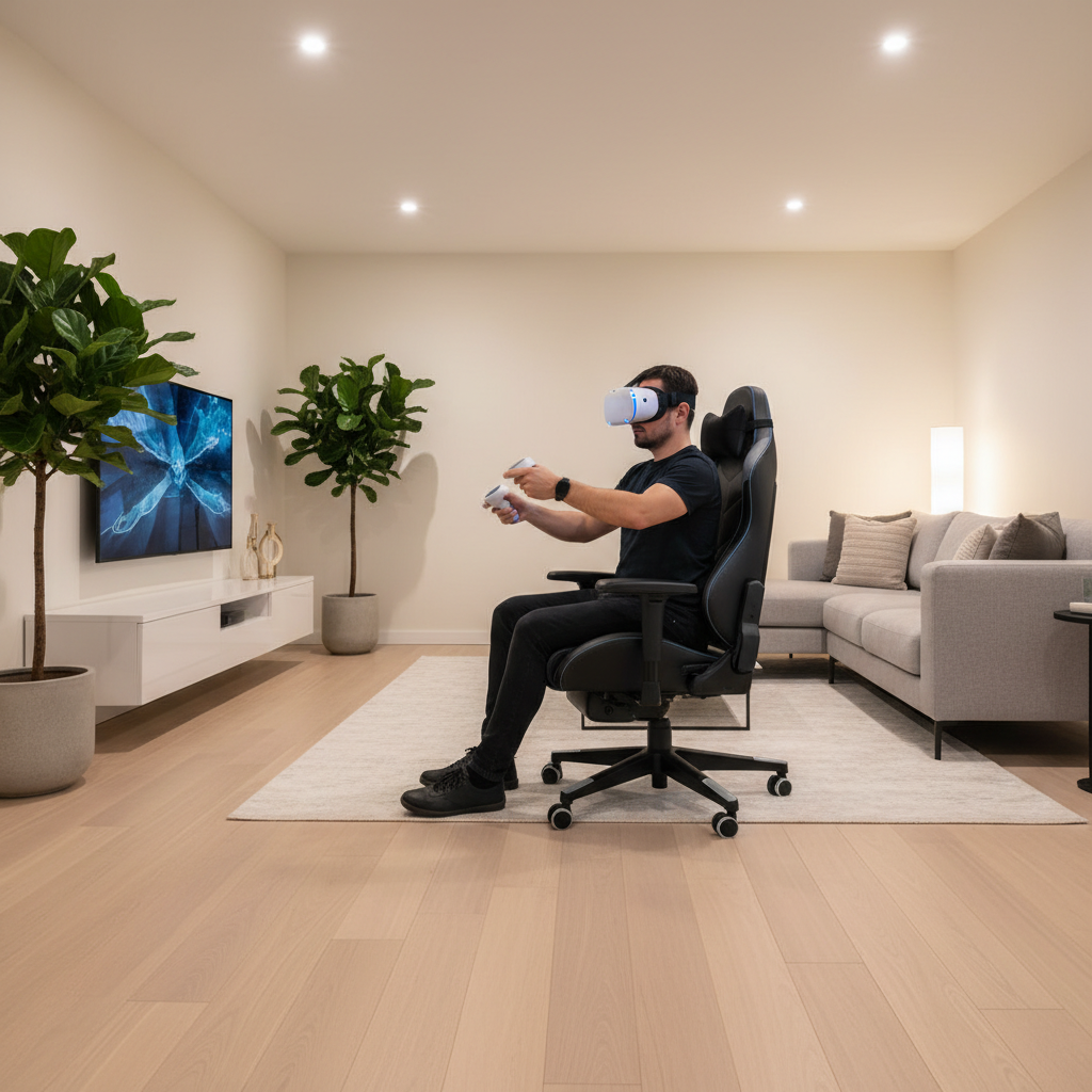 Seated VR gaming setup with stable chair and headset in a modern living room