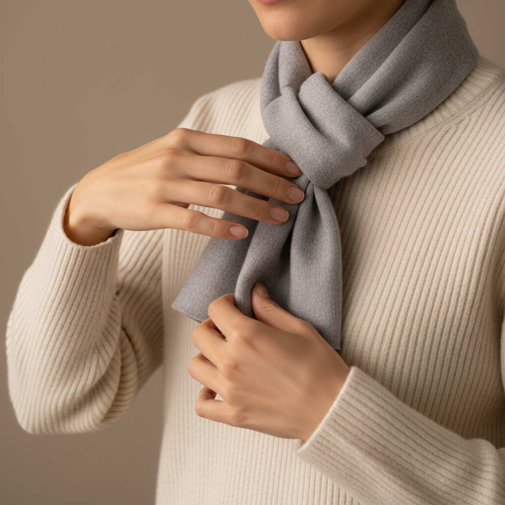 Close-up of hands adjusting a scarf knot to reduce bulk for beginners