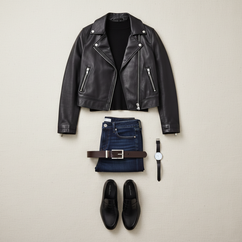 Date night casual outfit formula with jacket, dark jeans, and polished shoes