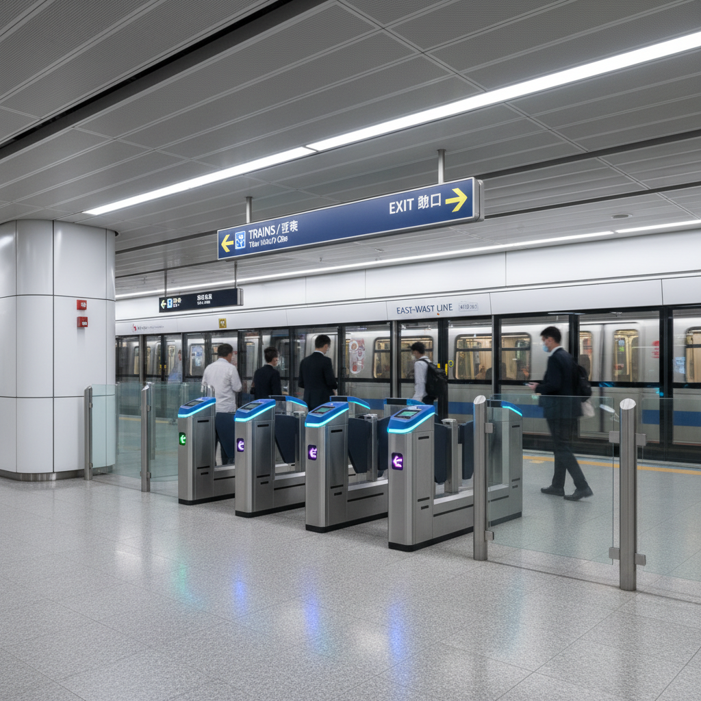 Singapore MRT station signage and commuters using contactless payment