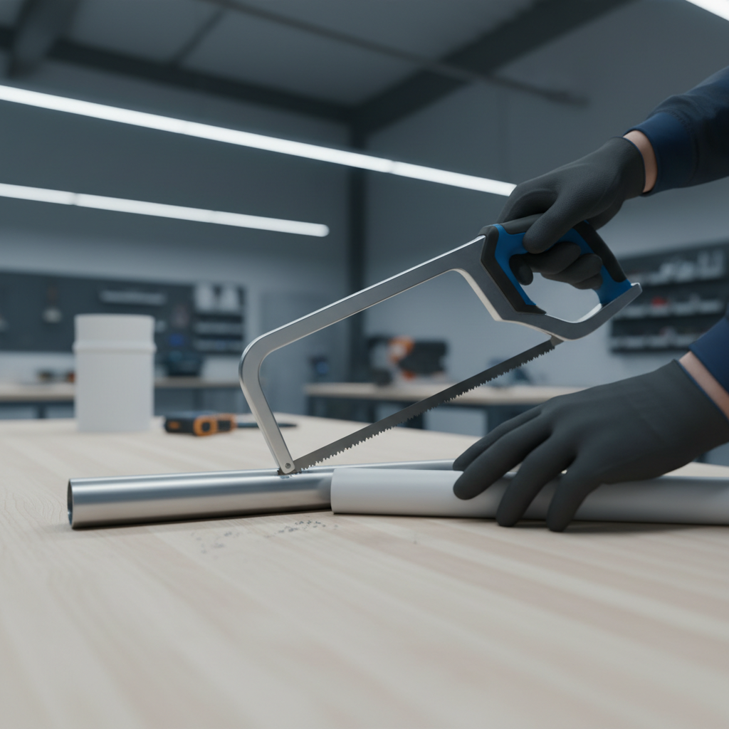 Hacksaw cutting metal and plastic materials on a workbench