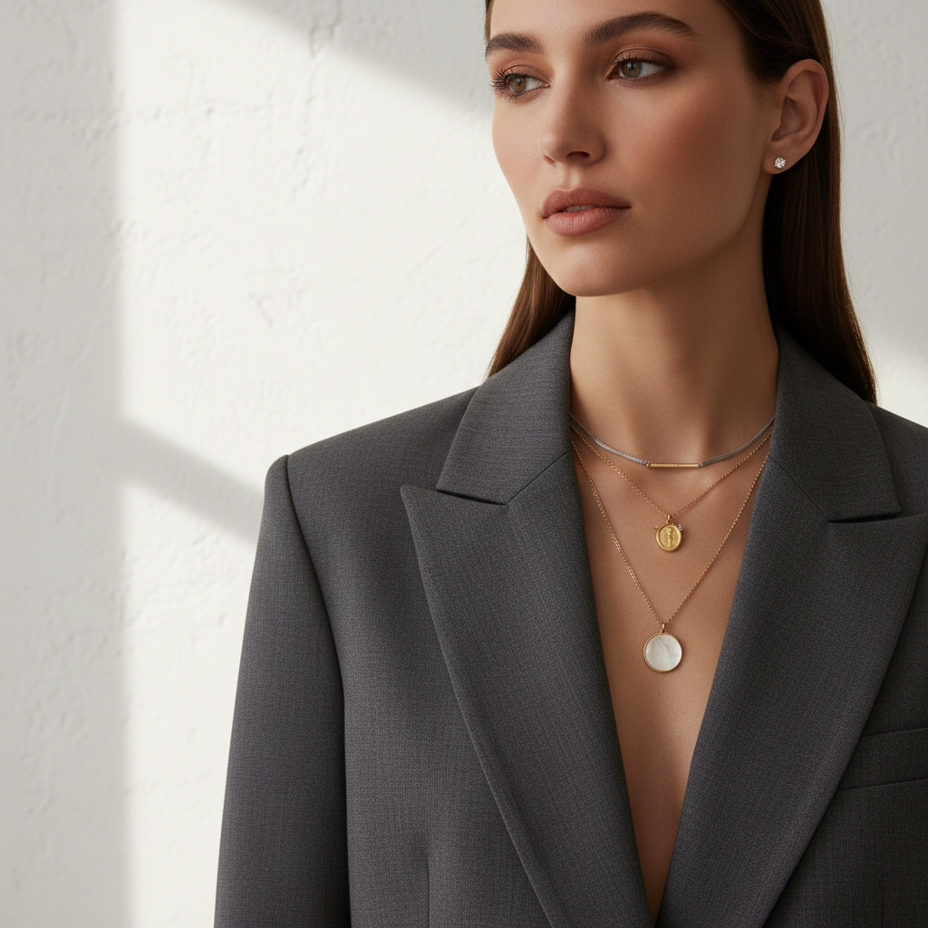 Layered necklaces styled with a blazer and open neckline for a polished look