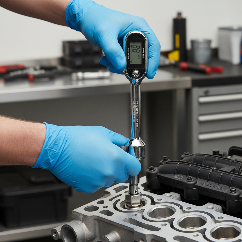 Using a torque wrench to tighten a spark plug to specification