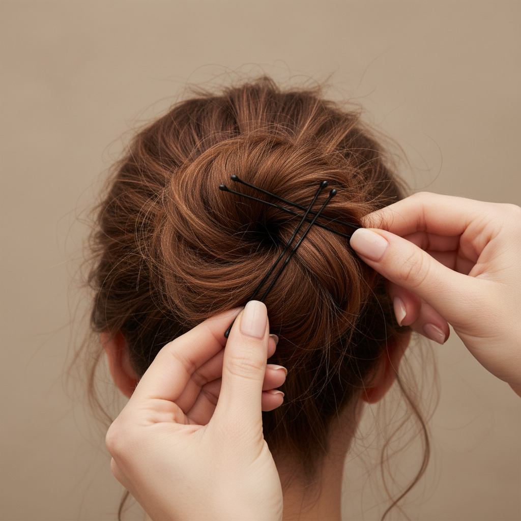 Bobby pin placement for securing a messy bun on long hair