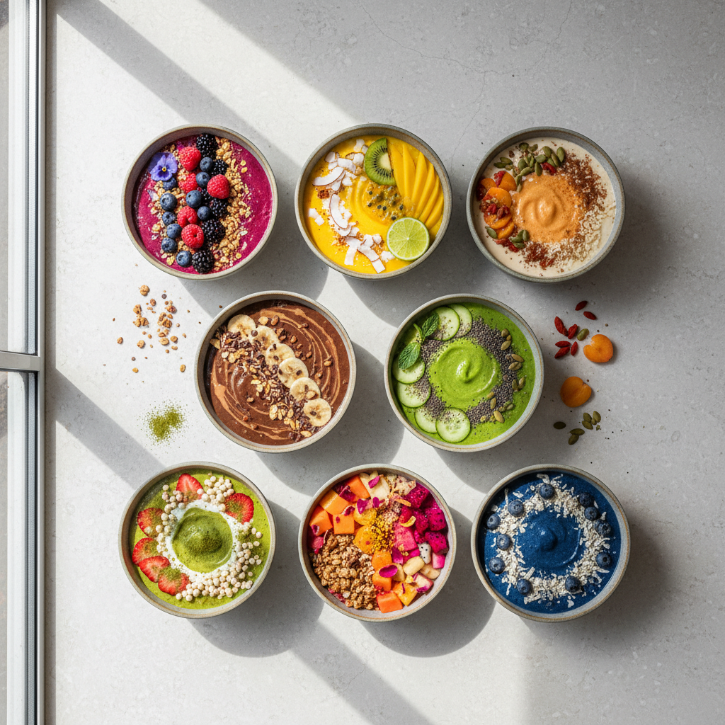Eight smoothie bowl flavor variations arranged in a grid