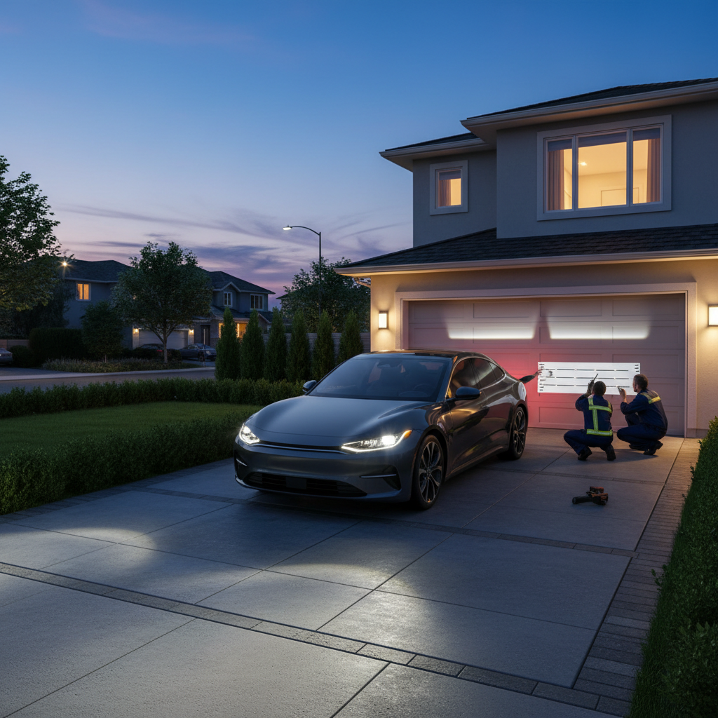 Checking headlight beam alignment against a garage wall at night