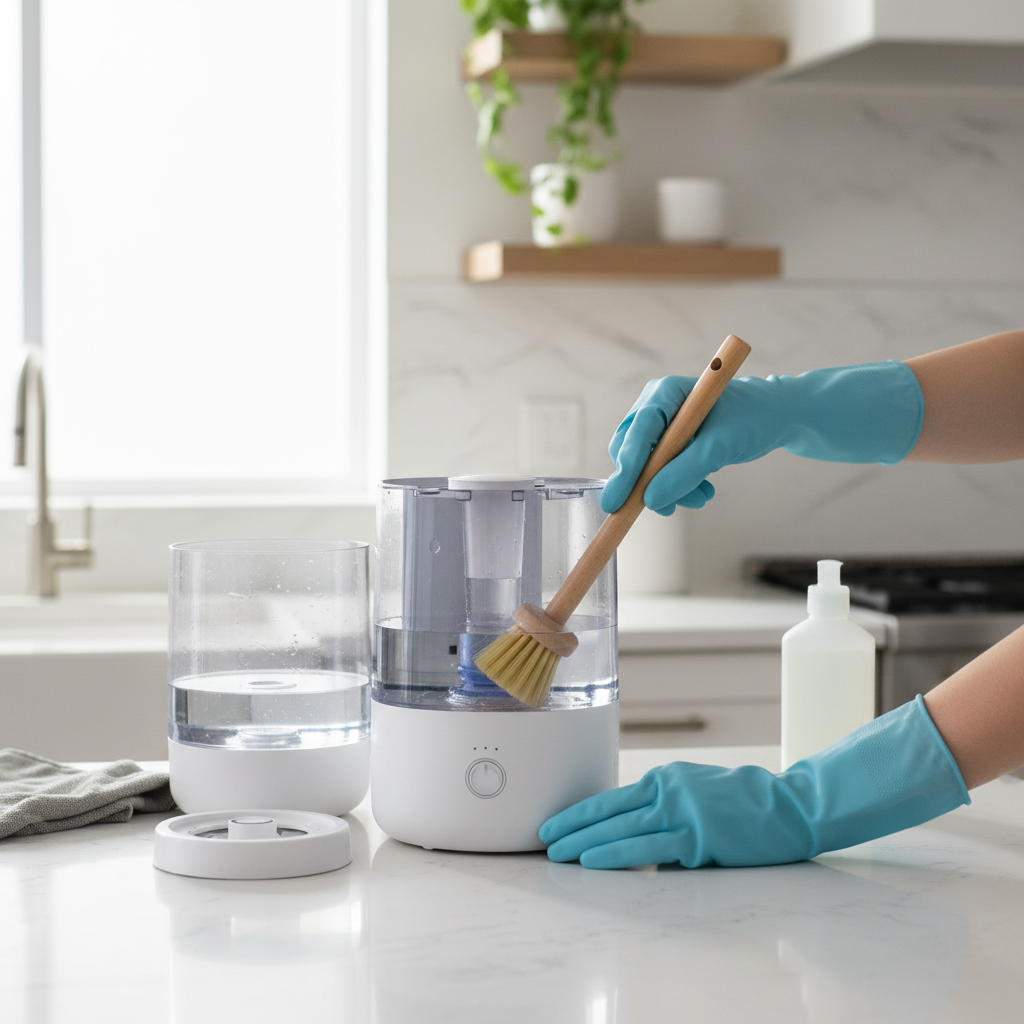 Person disassembling a humidifier and scrubbing the base with a soft brush