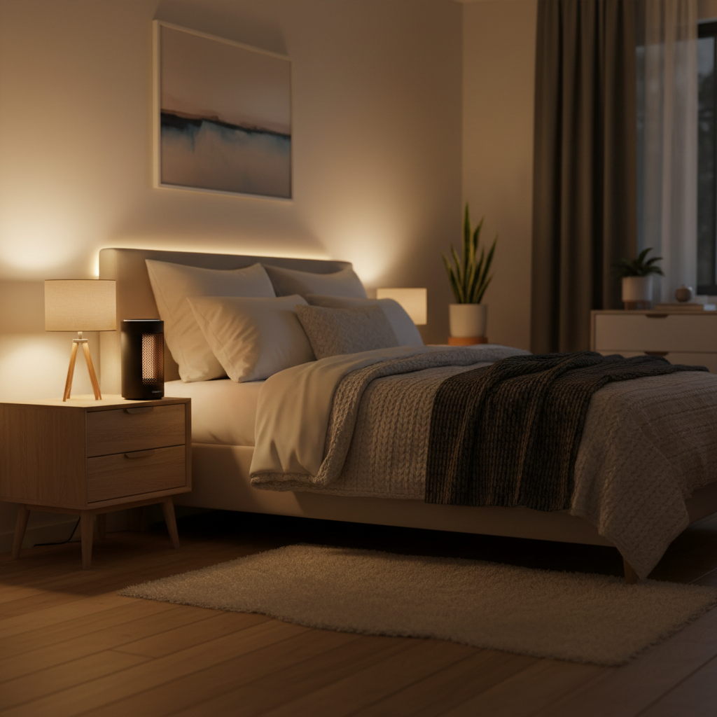 Quiet bedroom space heater running on a nightstand with soft lighting