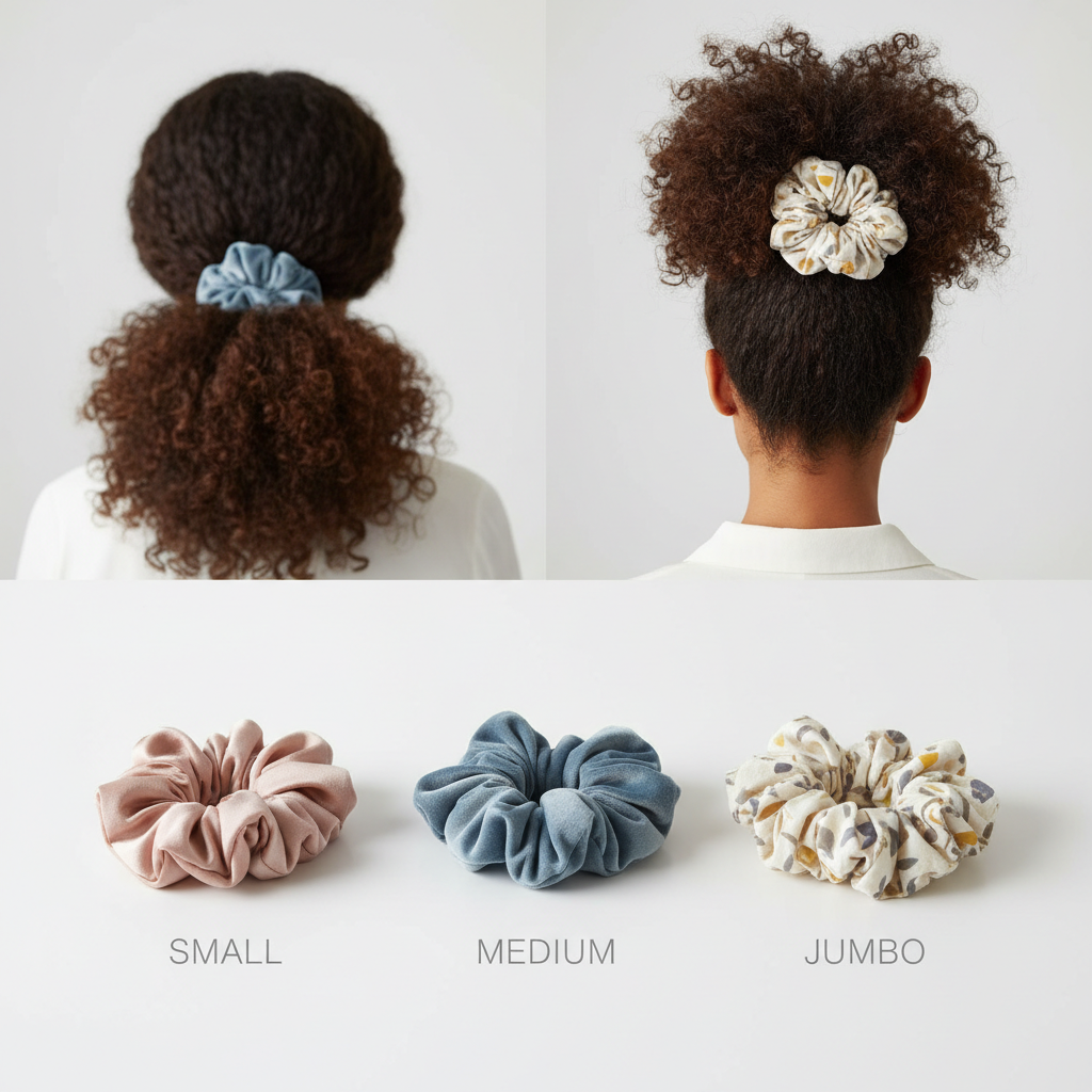 Different scrunchie sizes for curly hair ponytails and pineapples