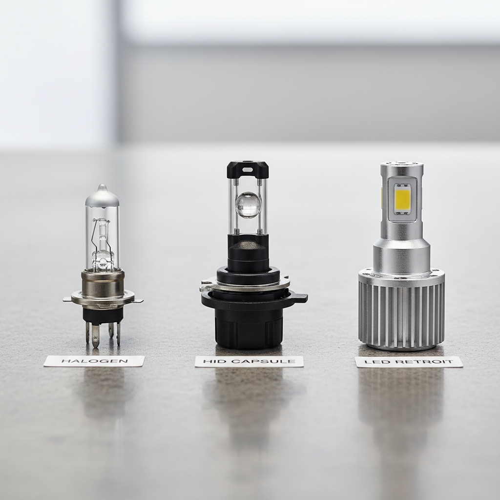 Headlight bulb types halogen HID and LED comparison on a workbench