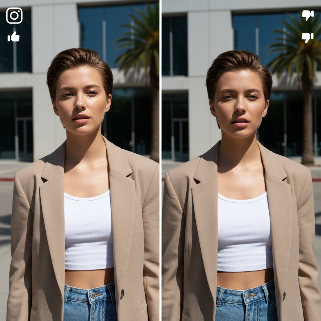 Comparison of flattering open shade versus harsh overhead light for Instagram portraits