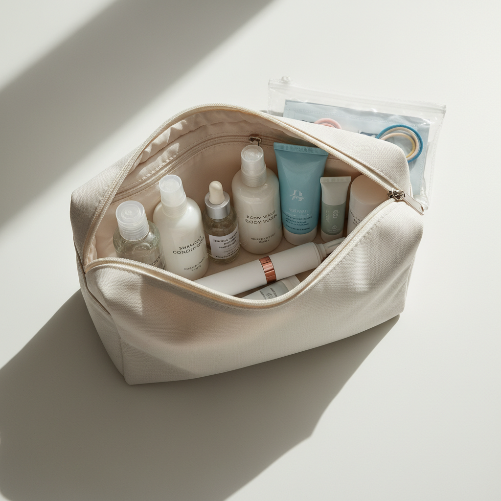 Carry-on toiletry bag with TSA-size bottles and skincare minis for women