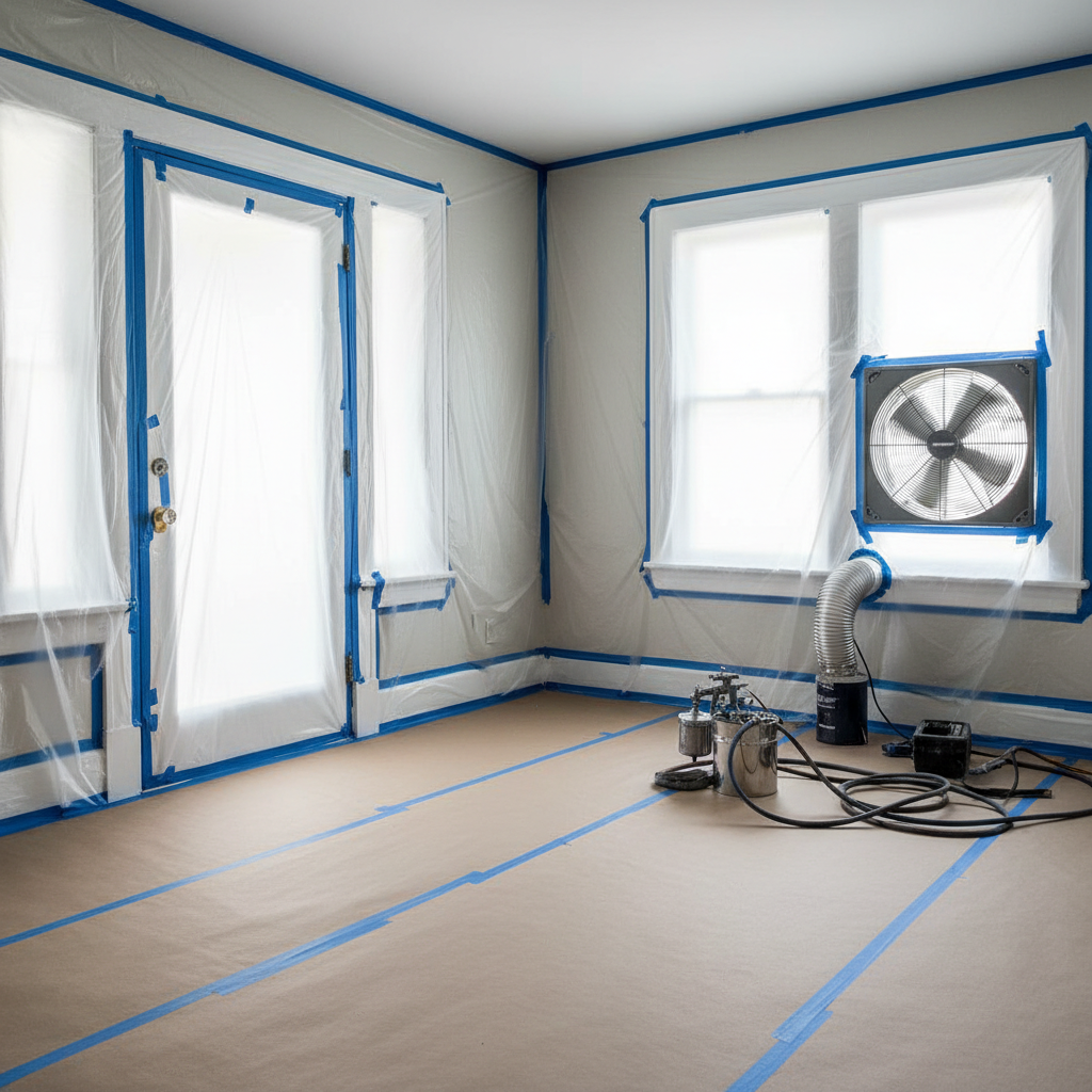 Interior paint spraying setup with plastic containment and box fan exhausting through a window