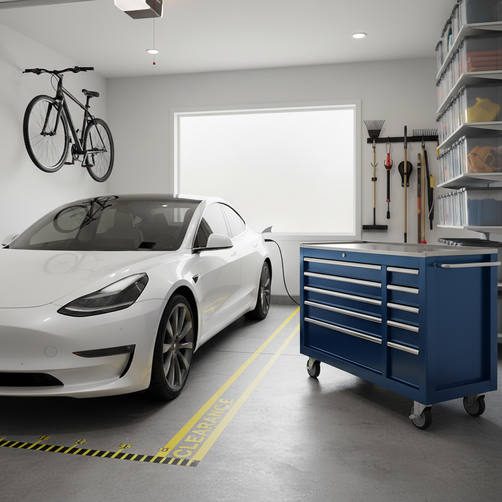 Rolling tool chest in a home garage next to a car with clear access space