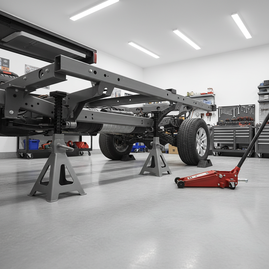 Proper placement of two heavy duty jack stands under a truck frame with wheel chocks in place