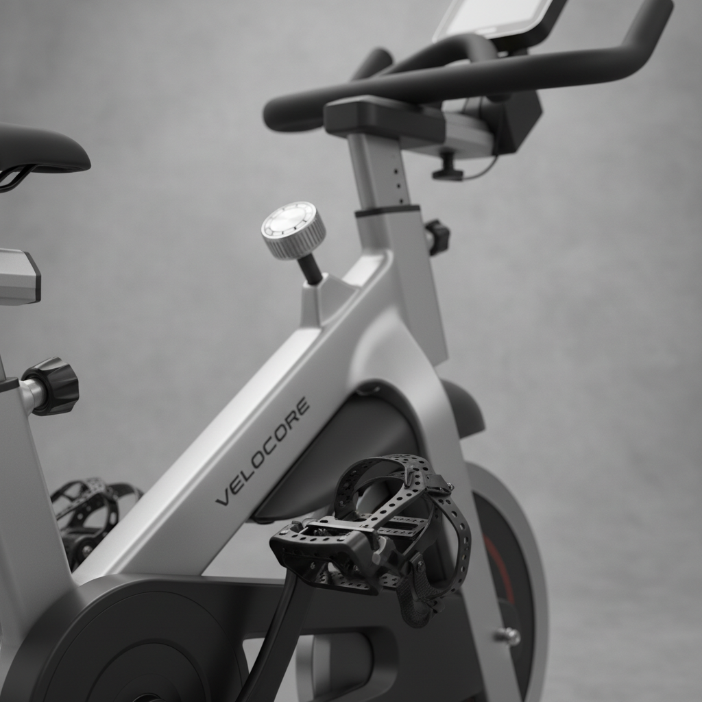 Close-up of exercise bike resistance knob and sturdy pedals