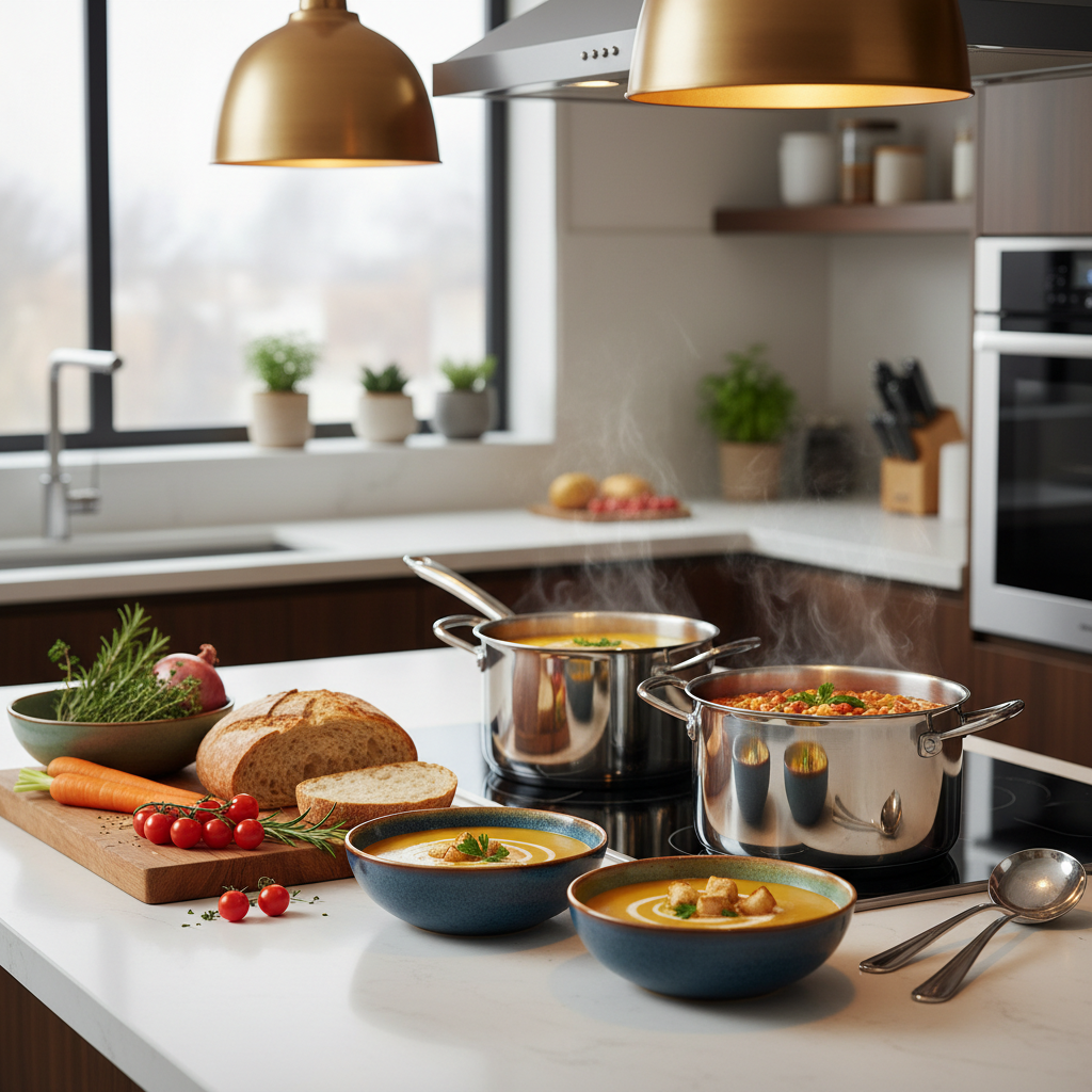Cozy winter soup spread with pots, ladles, and ingredients on a kitchen counter