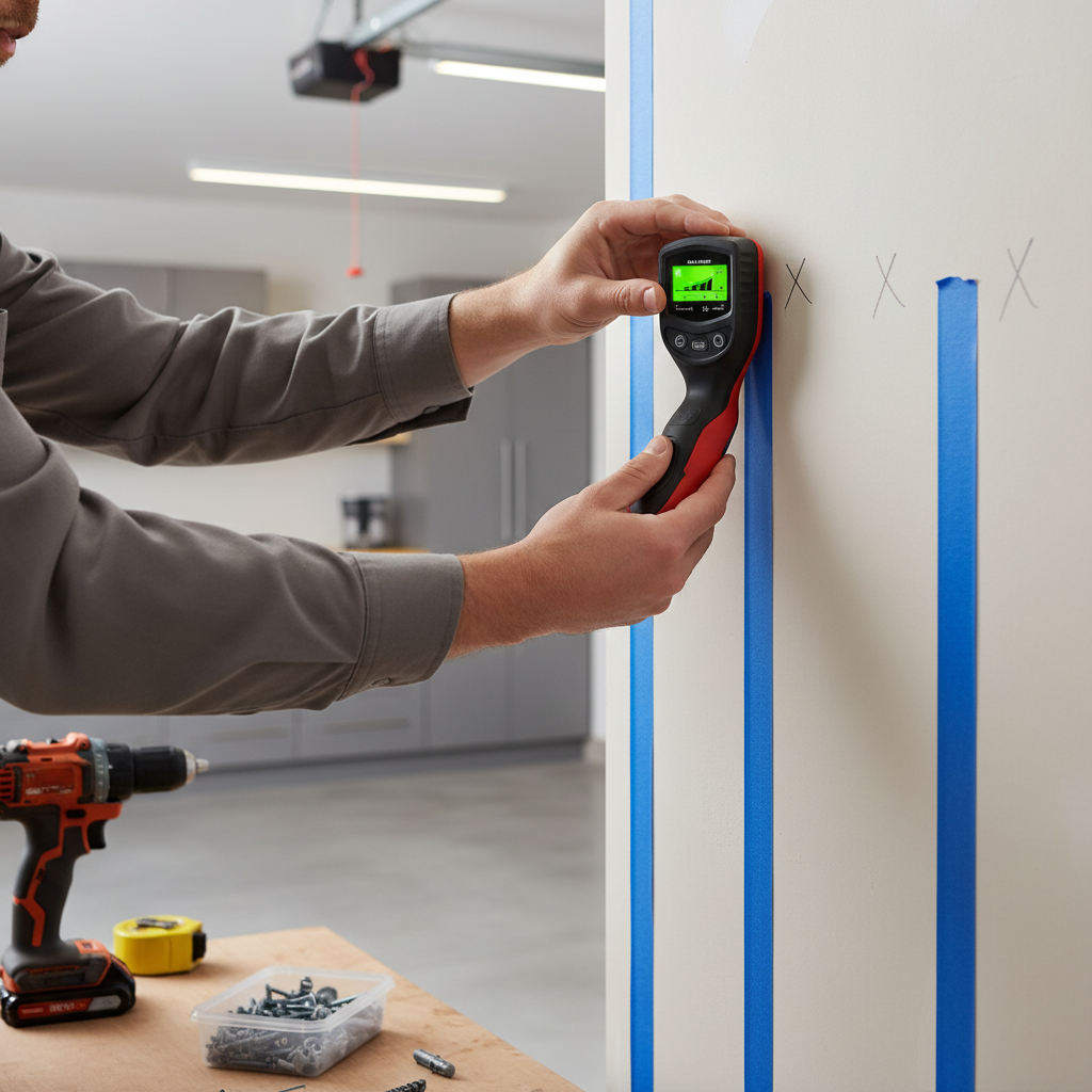 Stud finder marking wall studs for installing a garage bike rack