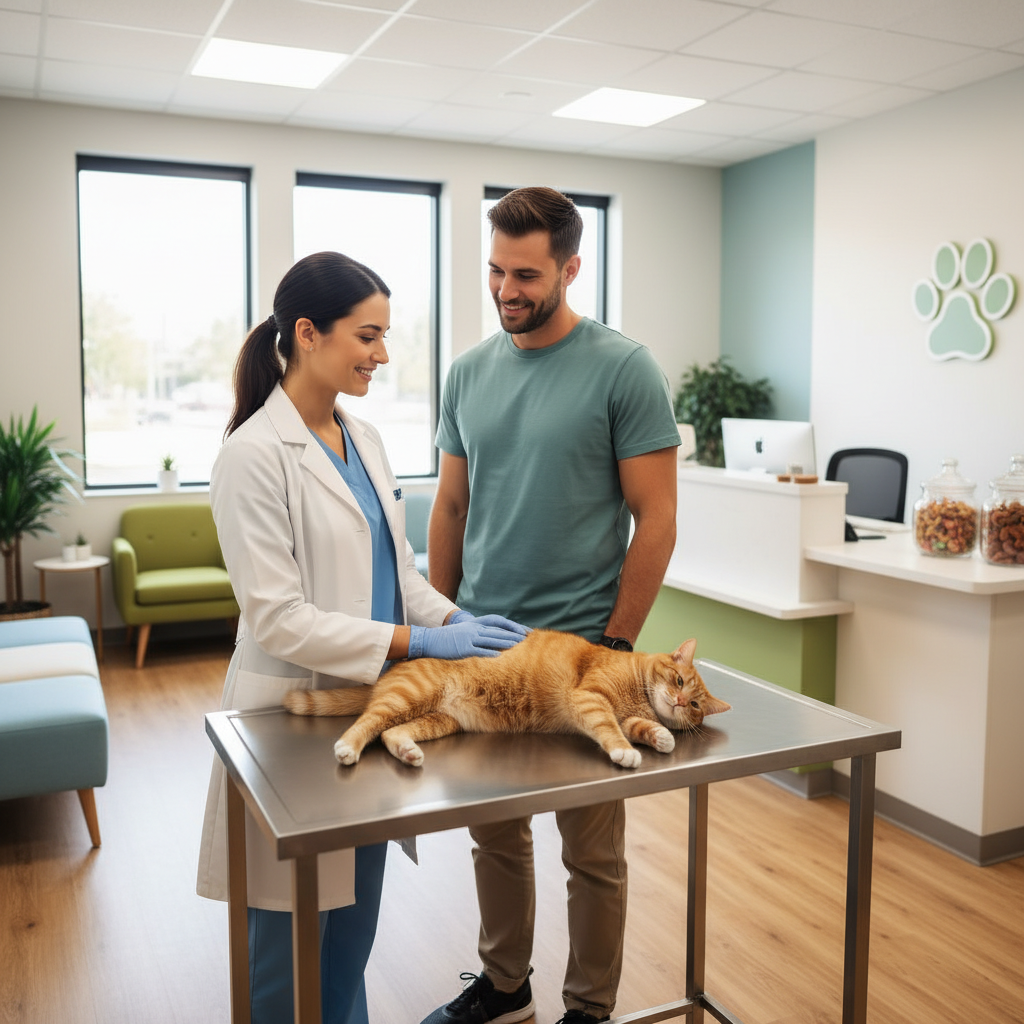Veterinarian discussing anxious cat behavior with pet owner