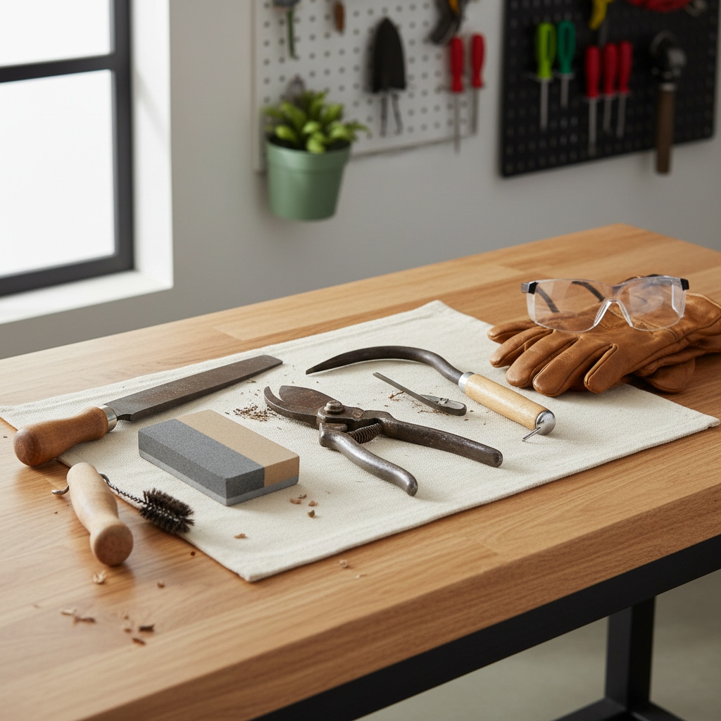 Home garden tool sharpening setup with file, whetstone, and safety gloves