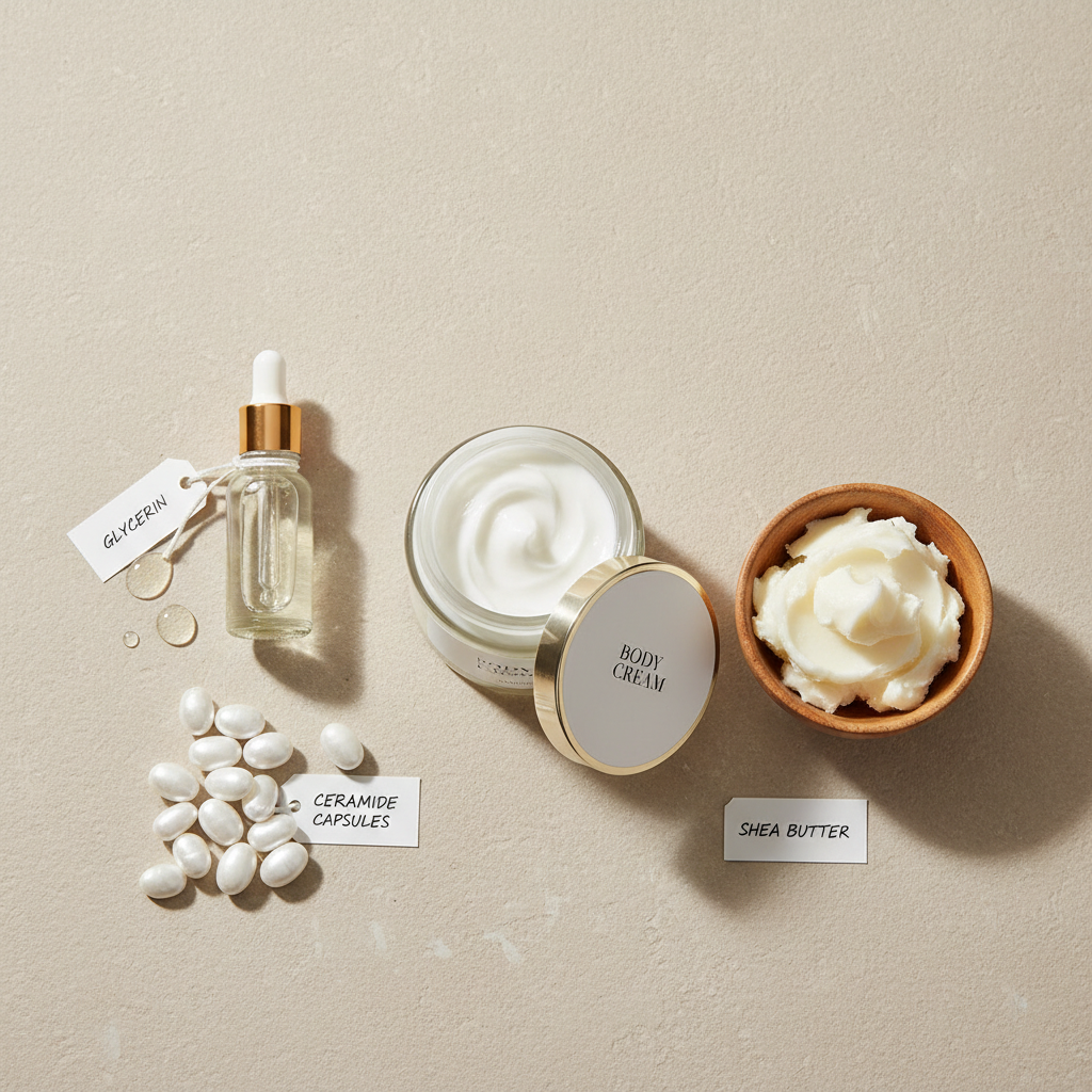 Key skincare ingredients for dry skin: ceramides, glycerin, shea butter