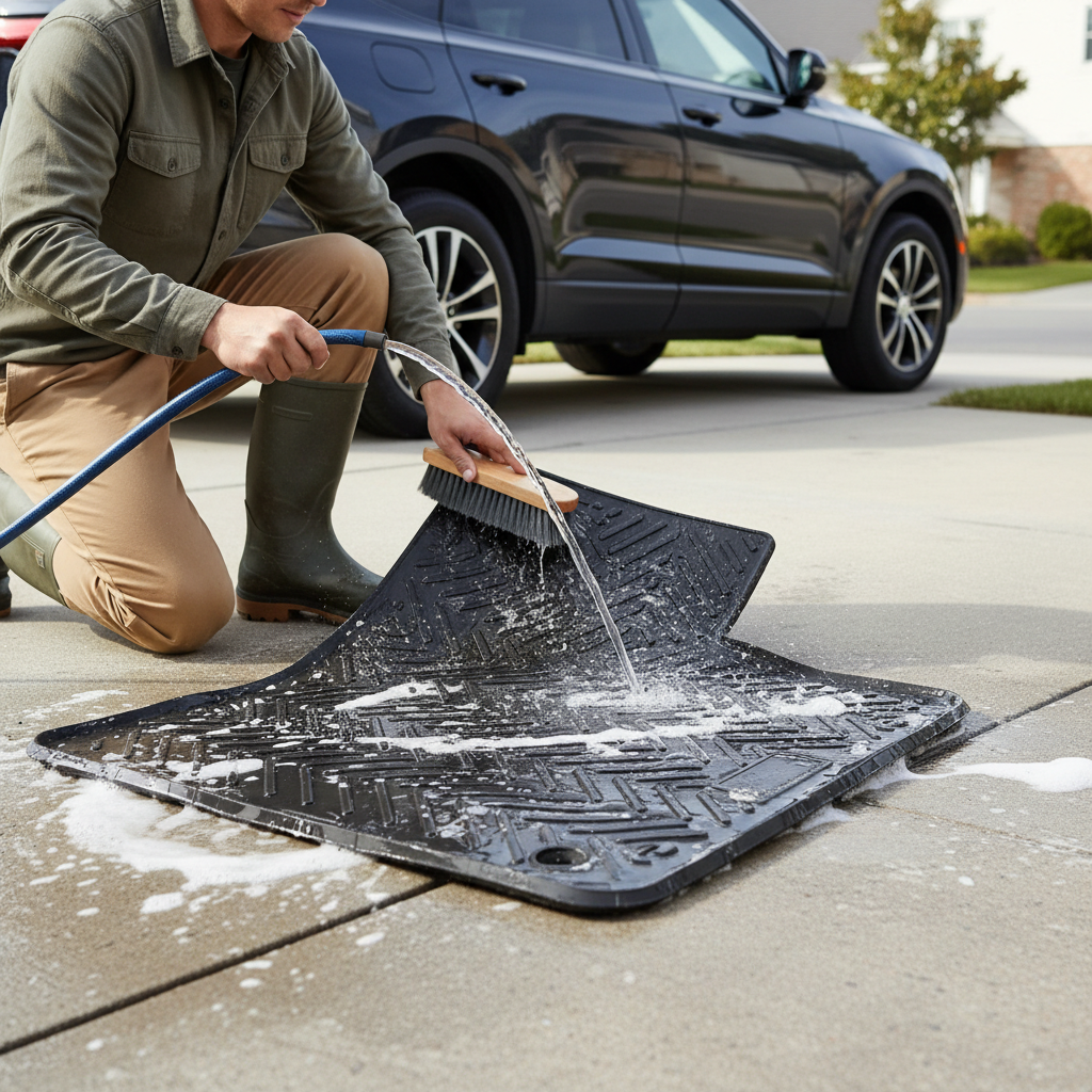 Cleaning heavy duty rubber floor mats with hose and soft brush in driveway