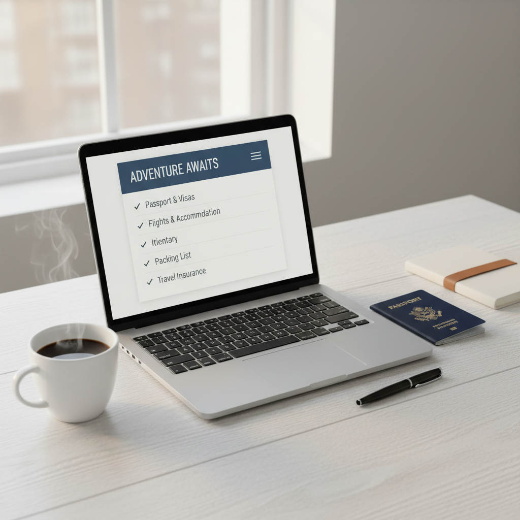 Simple solo travel planning checklist on a laptop with passport and notebook