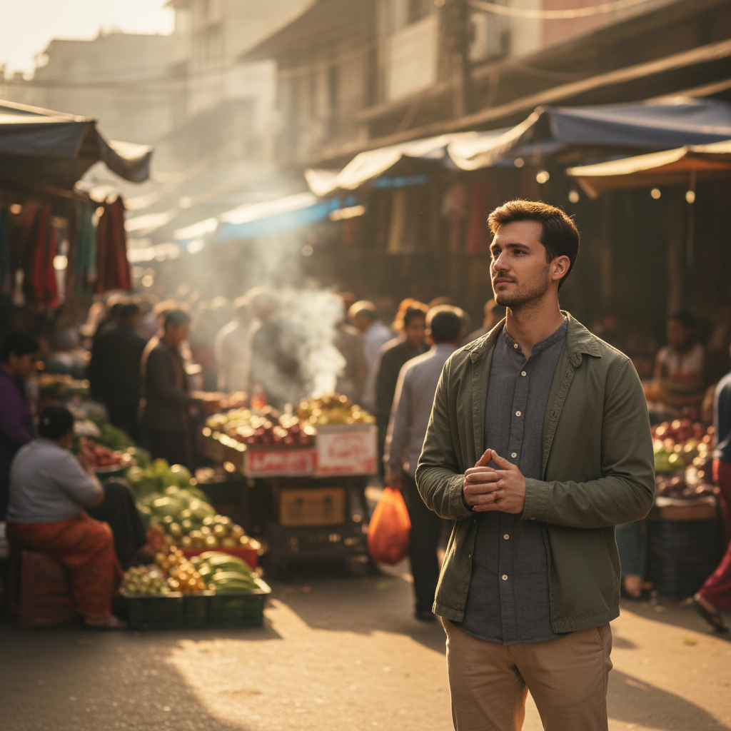 Traveler observing local customs respectfully in a busy market