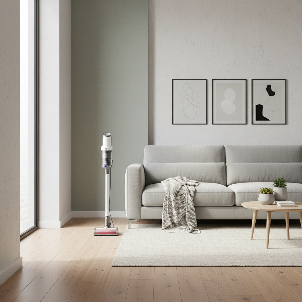 Lightweight vacuum cleaner in a small apartment living room with hardwood floors