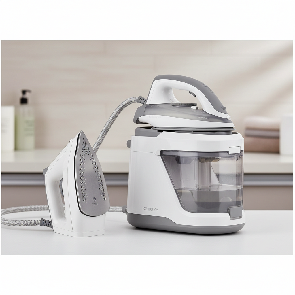 Comparison of standard steam iron and steam generator iron on a laundry counter