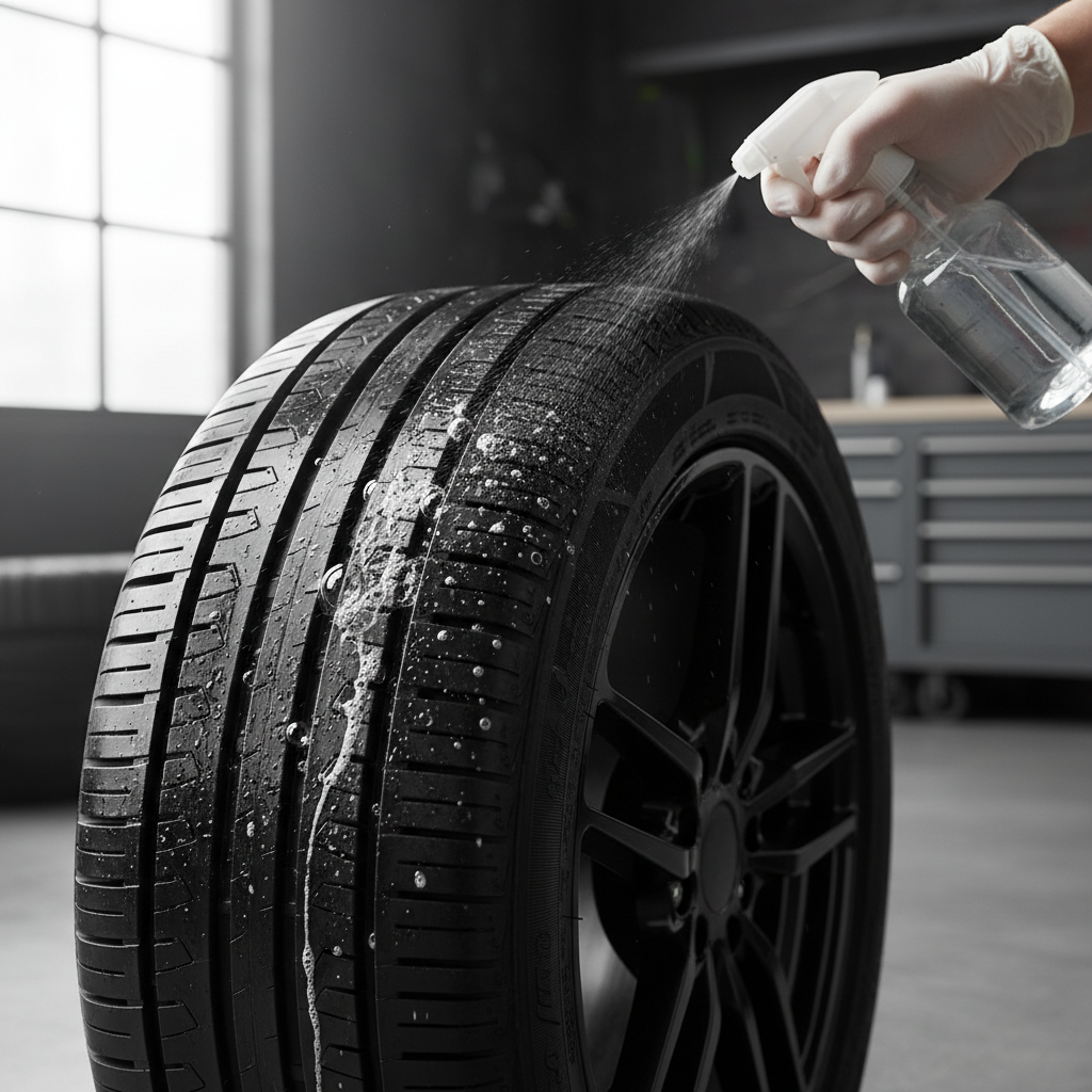 Soapy water leak test on a freshly plugged tire tread