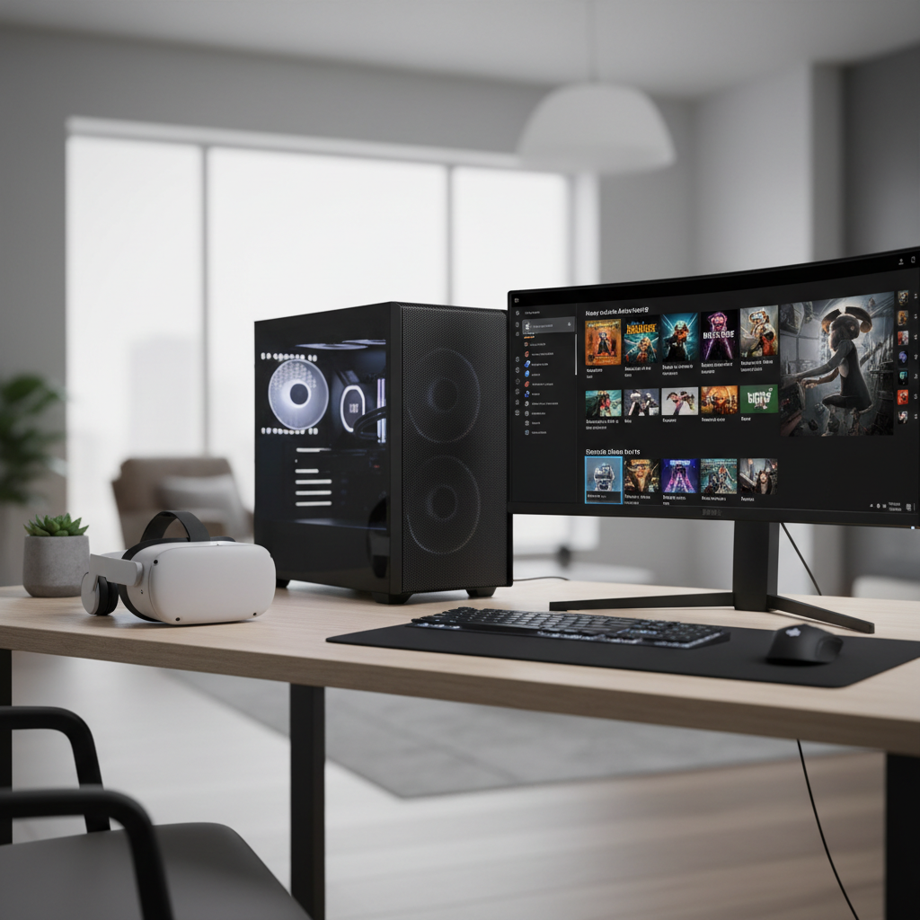 Quest 3 connected to a gaming PC for PC VR gameplay