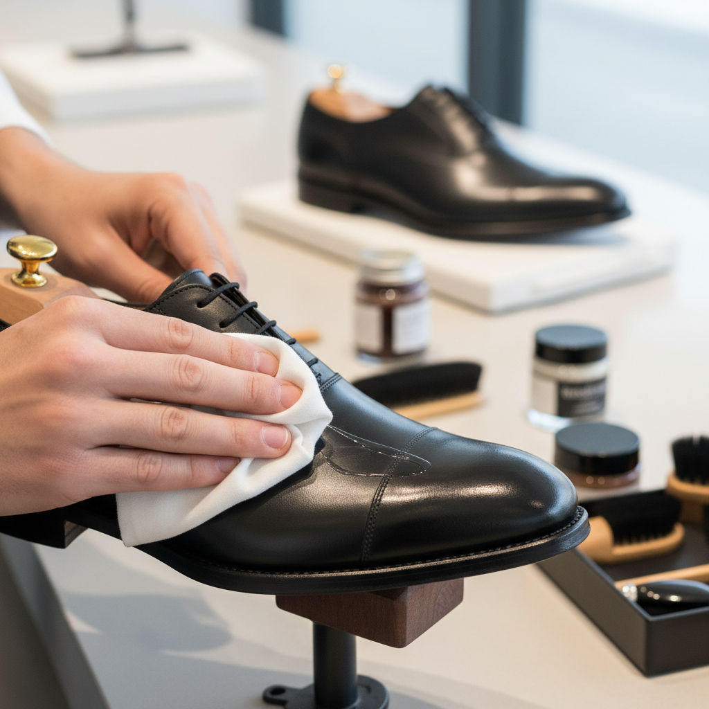 Applying a thin layer of wax polish to a leather shoe toe cap for higher shine