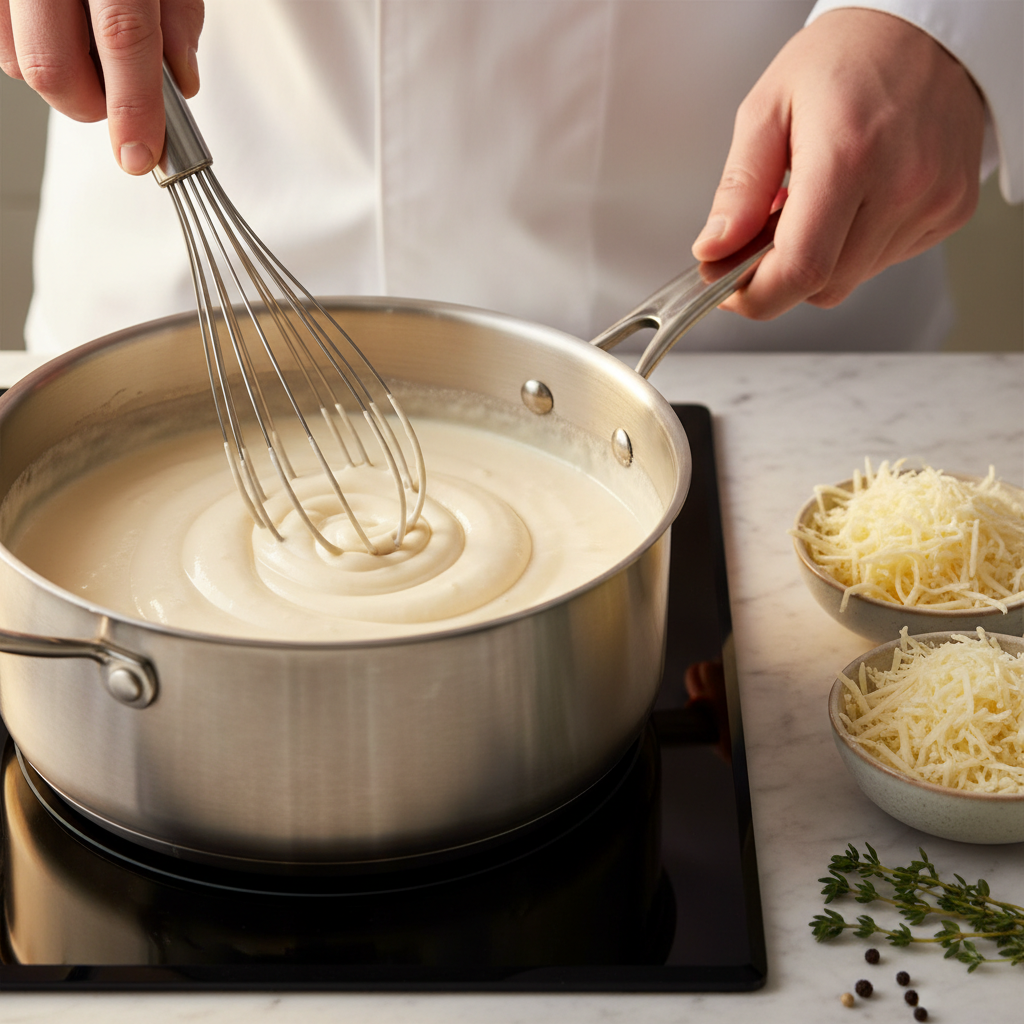 Whisking a smooth roux-based cheese sauce in a pot for creamy mac and cheese