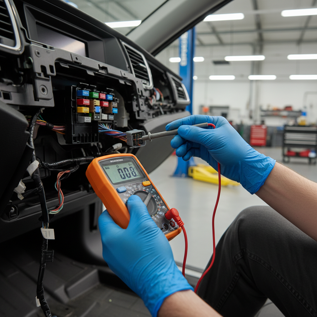 Technician testing car blower motor resistor and connector with a multimeter