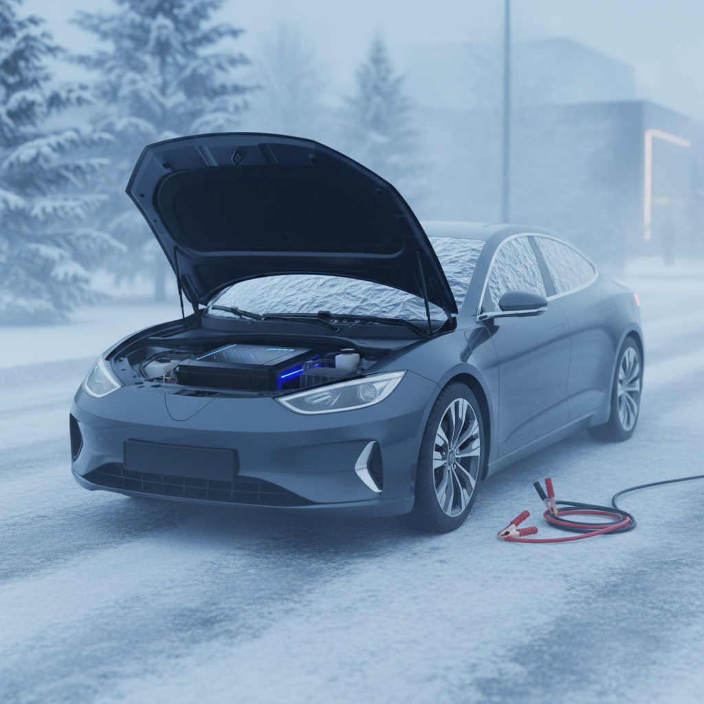 Car starting on a snowy morning with battery and jumper cables concept