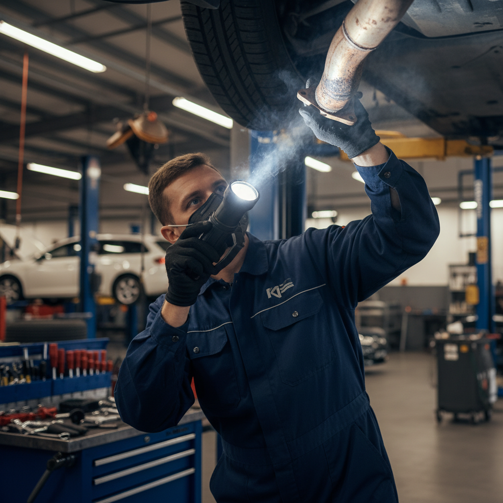 Mechanic inspecting a small exhaust leak at a flange joint under a car