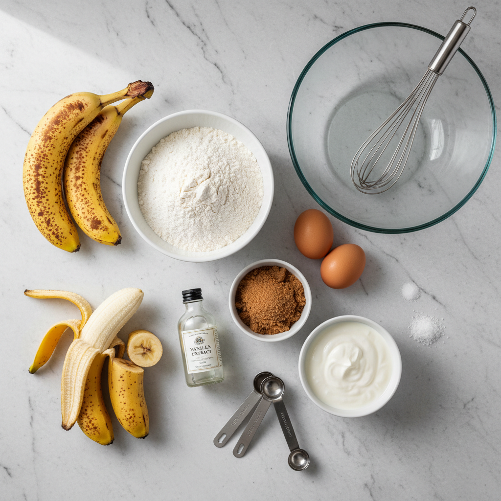 Banana bread ingredients laid out: ripe bananas, flour, brown sugar, eggs, yogurt, and mixing bowl