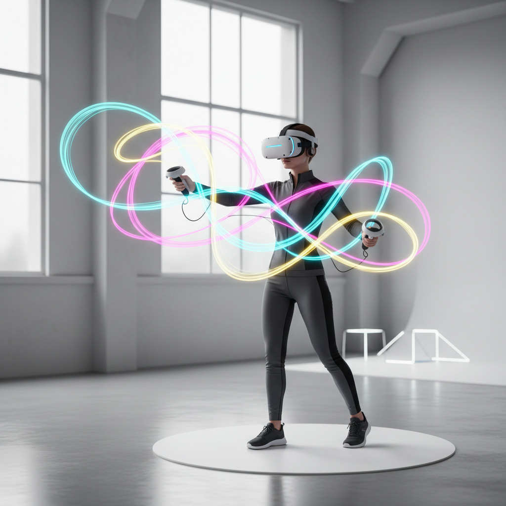 VR artist sketching in a 3D space with a headset and controllers