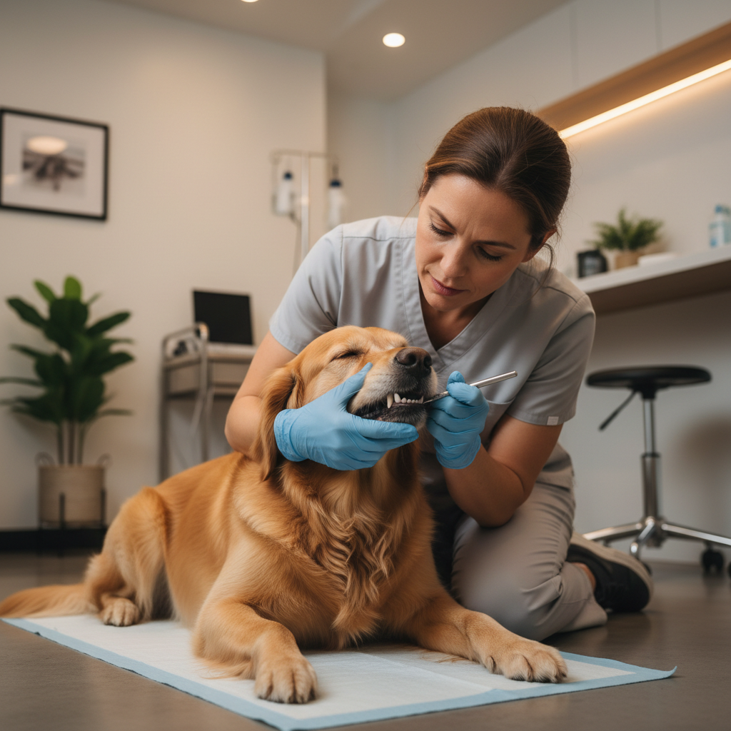 Veterinarian checking a dog’s teeth during an oral exam