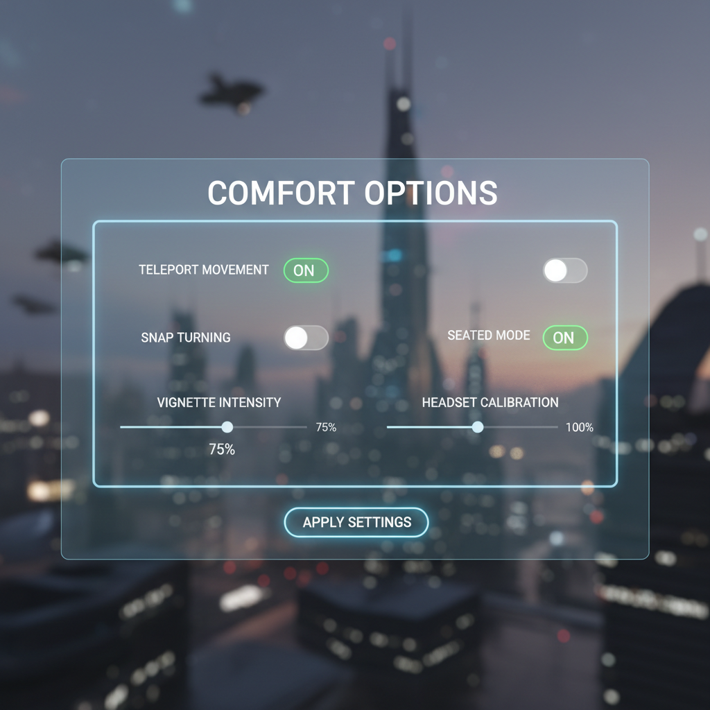 VR comfort settings menu on a sci fi game with teleport and vignette options