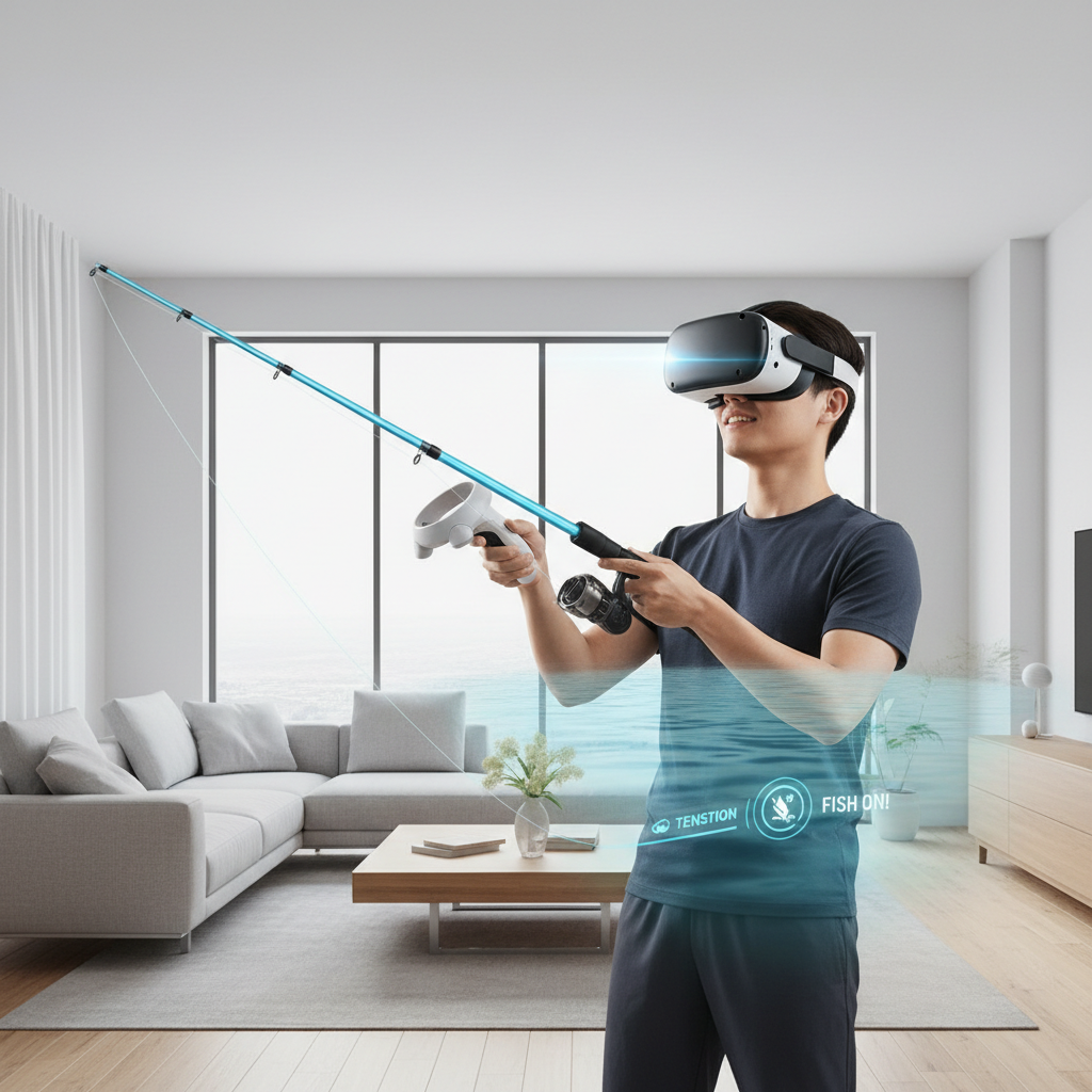VR fishing simulation gameplay on a Meta Quest headset in a calm lake setting